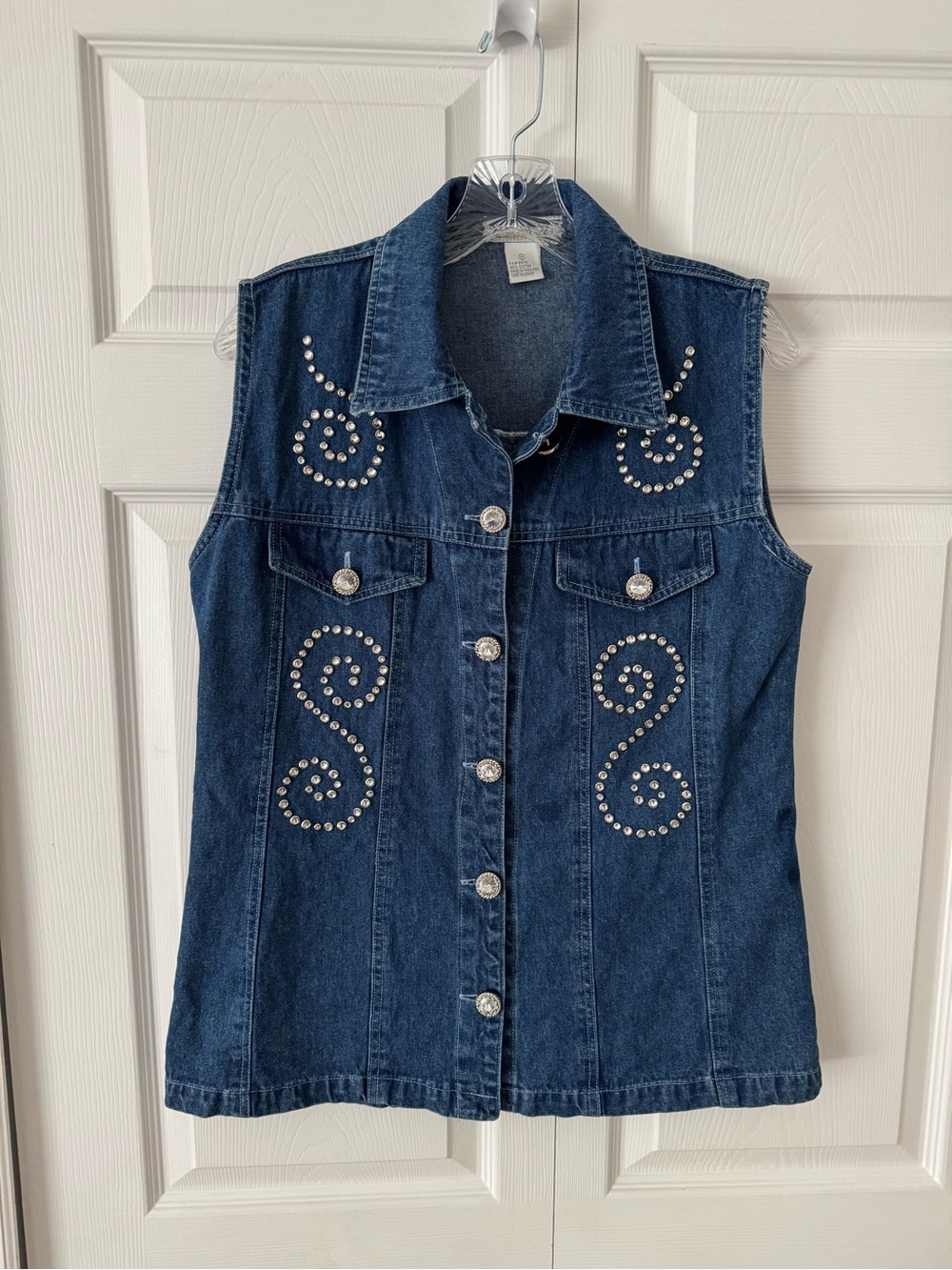 Sleeveless Dark Denim Button-Down Vest with Stud Detail - Blue
